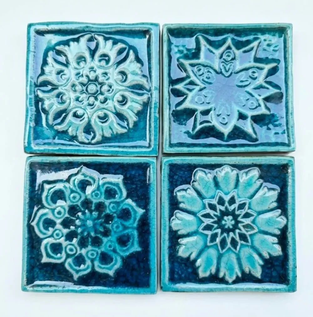 Vintage Handmade Turquoise Raku Tiles 4x4 - Set of 4 Relief Molded Crackle Glaze